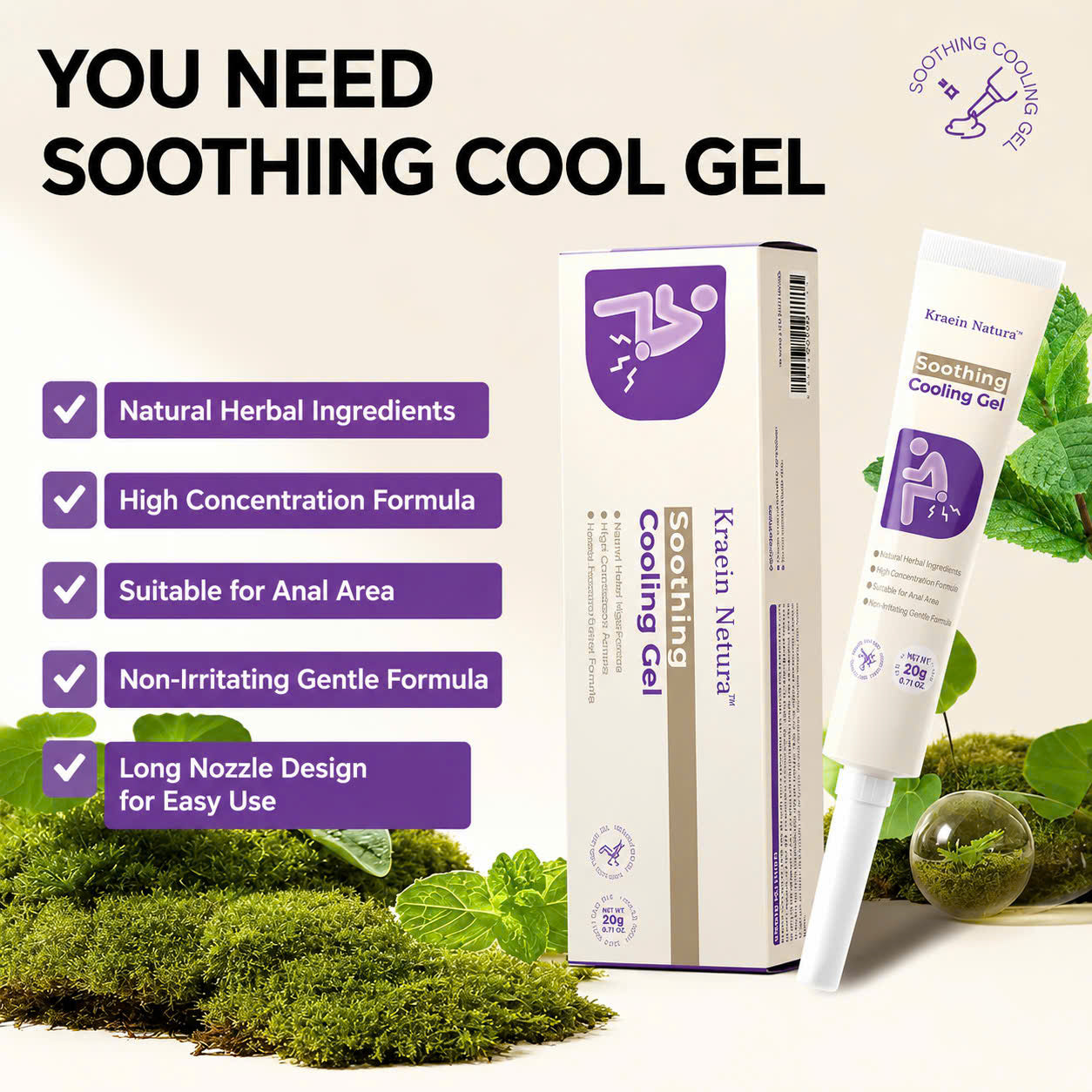 Kreain Nature Hemorrhoid Gel Helps Reduce Itching, Burning, and Dryness in Sensitive Areas, Effective Herbal Gel for Soothing Swelling and Heat 20g