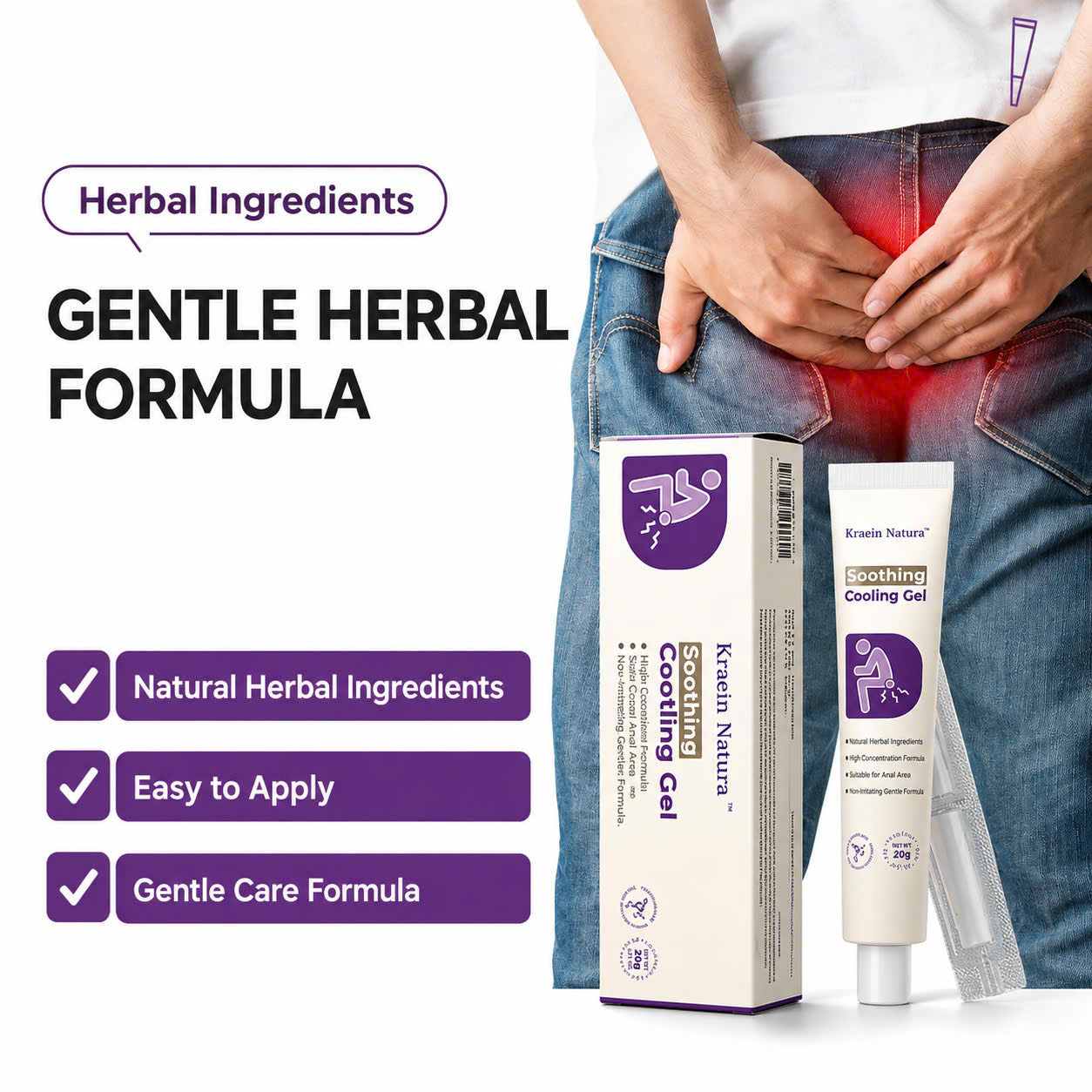 Kreain Nature Hemorrhoid Gel Helps Reduce Itching, Burning, and Dryness in Sensitive Areas, Effective Herbal Gel for Soothing Swelling and Heat 20g