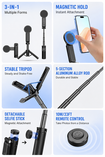 3-in-1 Magnetic MagSafe Selfie Stick Tripod with Bluetooth Remote
