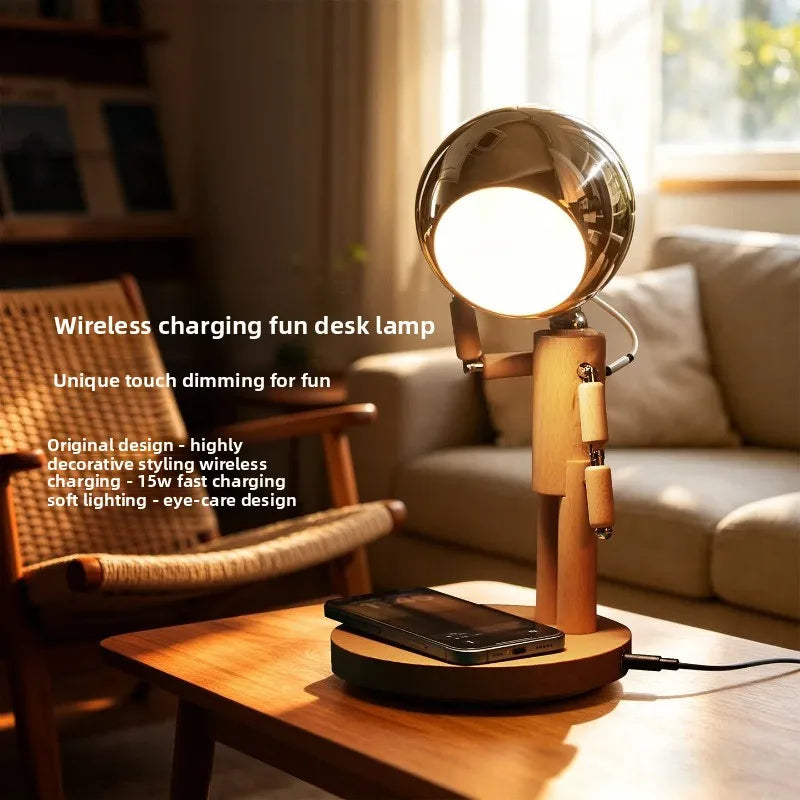 Wooden Robot LED Desk Lamp with 15W Wireless Fast Charging
