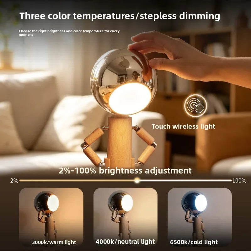 Wooden Robot LED Desk Lamp with 15W Wireless Fast Charging