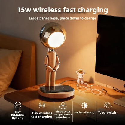 Wooden Robot LED Desk Lamp with 15W Wireless Fast Charging